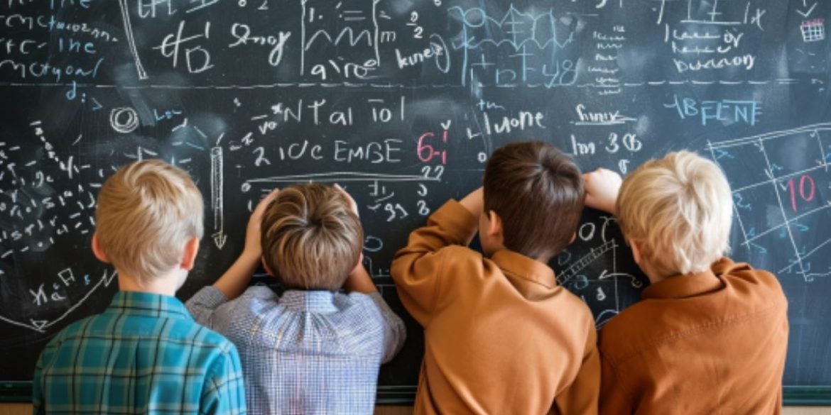 This shows boys working on math on a blackboard.