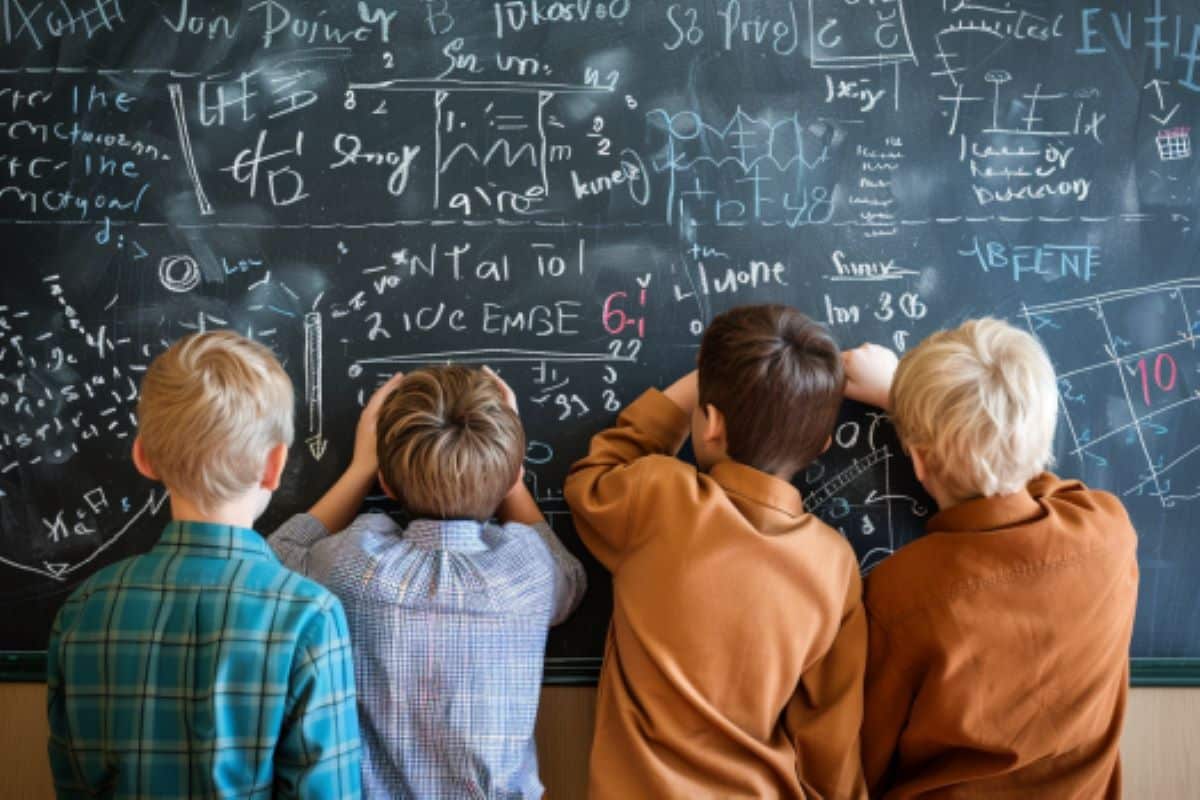 This shows boys working on math on a blackboard.