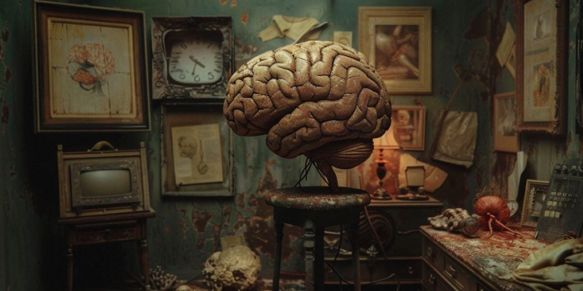 This shows a brain surrounded by old objects.