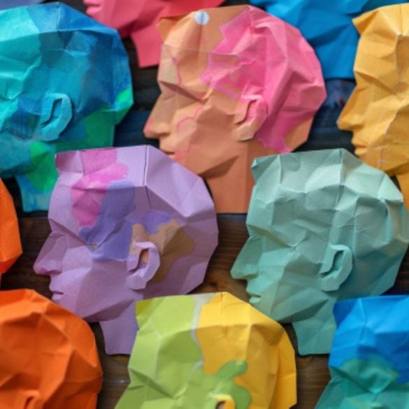 This shows colorful paper heads.