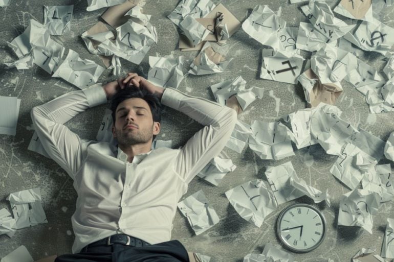 This shows a man laying on the ground.