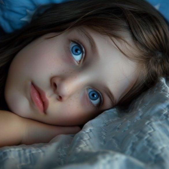 This shows a little girl laying awake.