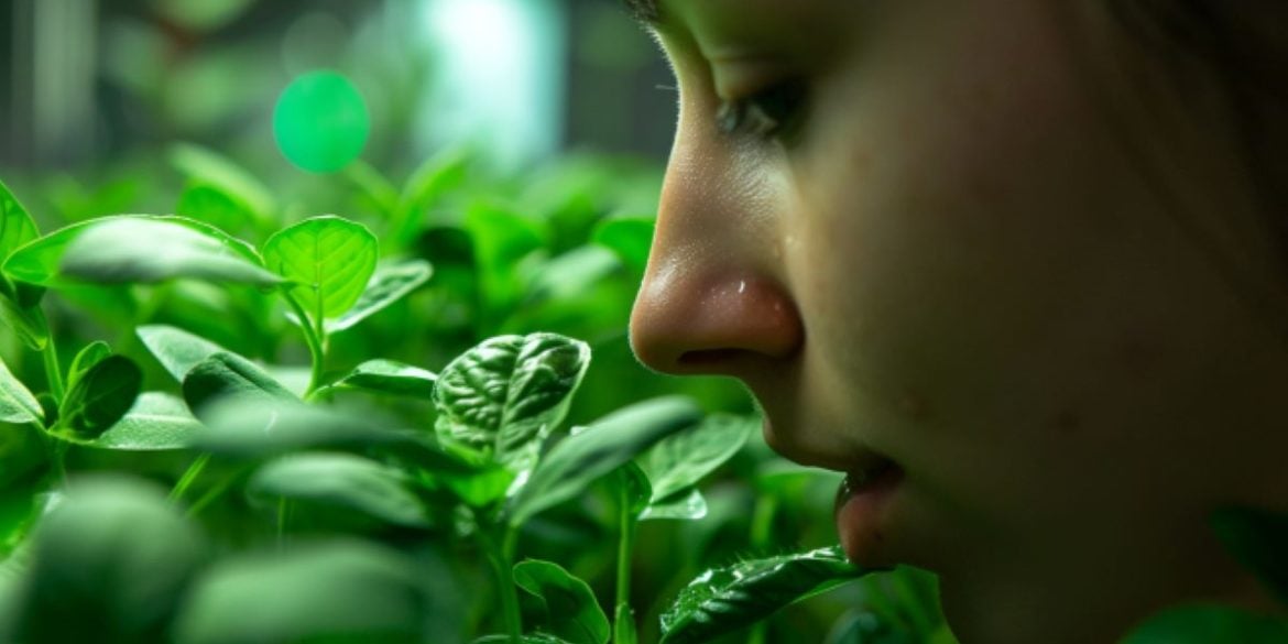This shows a woman smelling a plant.