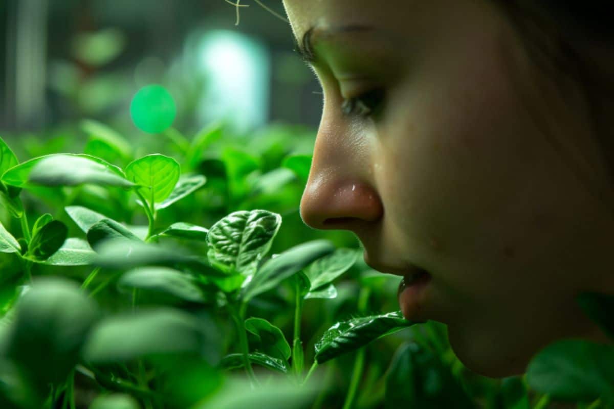 It shows a woman smelling a plant.