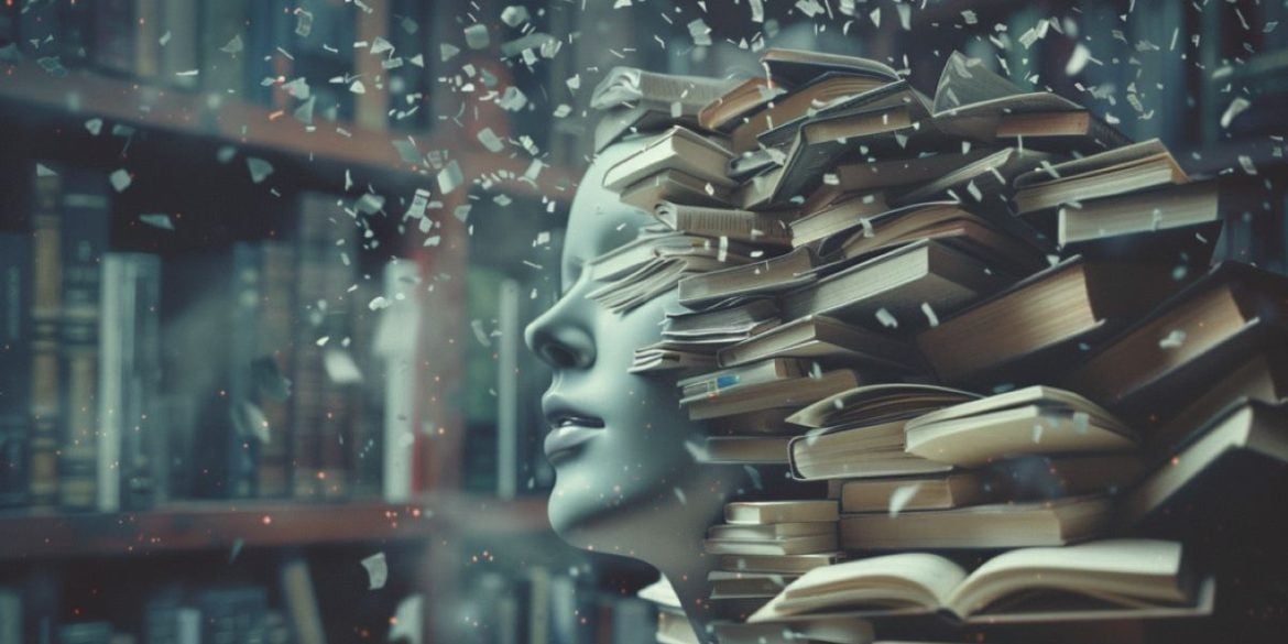 This shows a statue of a head and books.