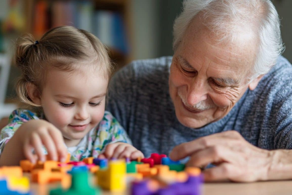 This shows a child playing with her grandpa.