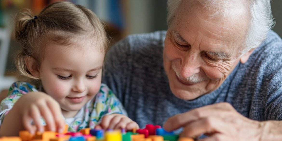 This shows a child playing with her grandpa.