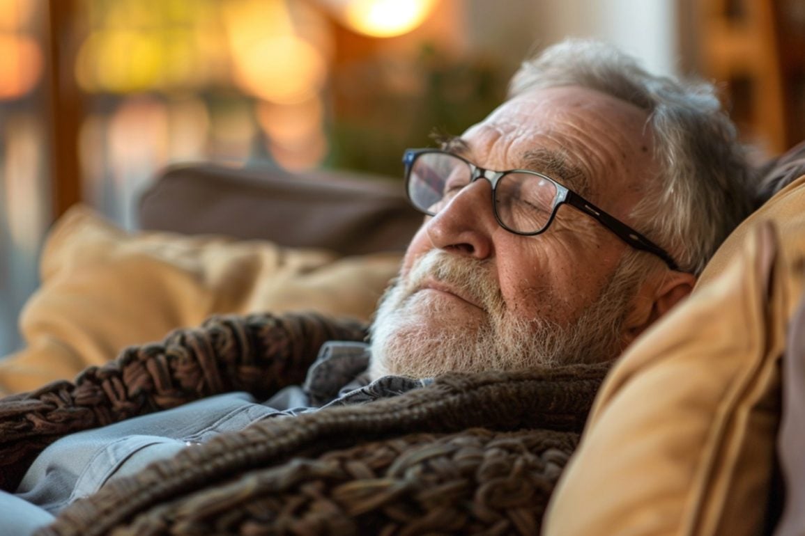 This shows an older man sleeping.