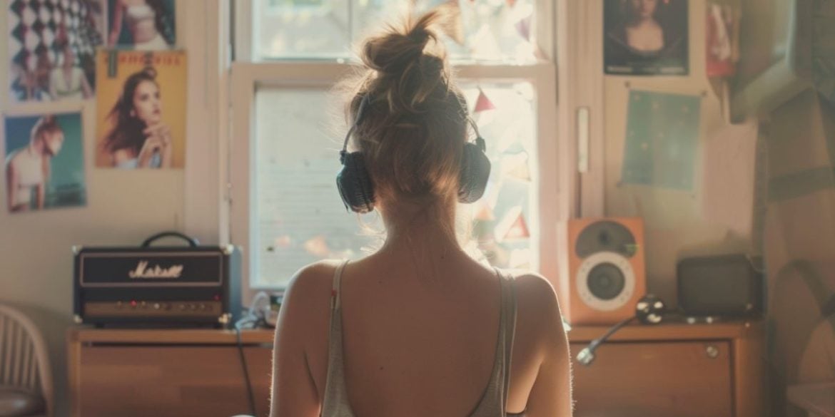 This shows a teenage girl listening to music in her room.