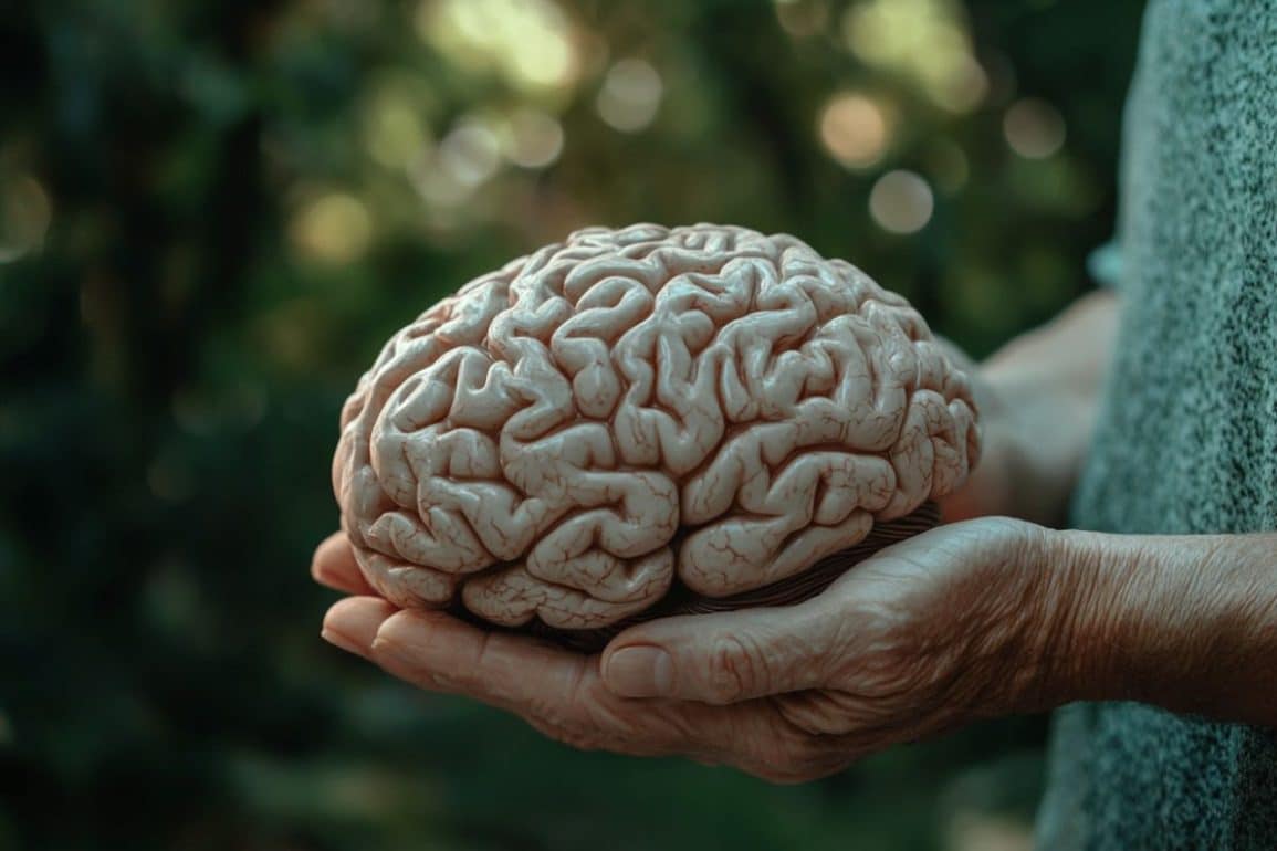 This shows a person holding a brain model.