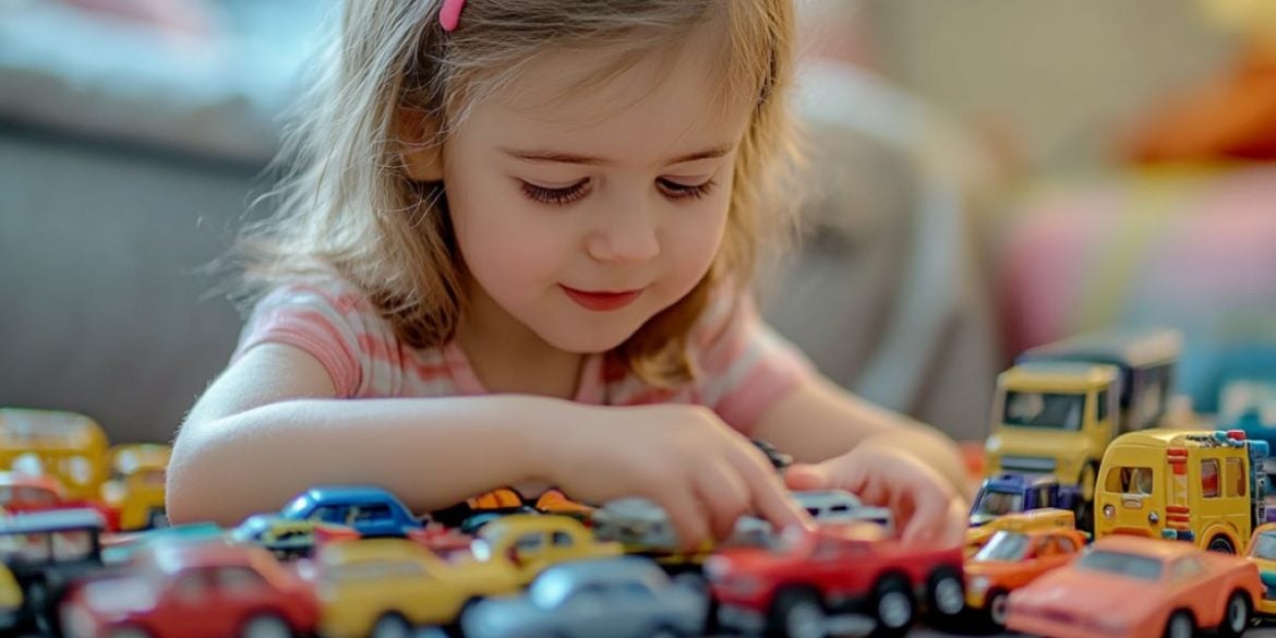 This shows a little girl playing with cars.