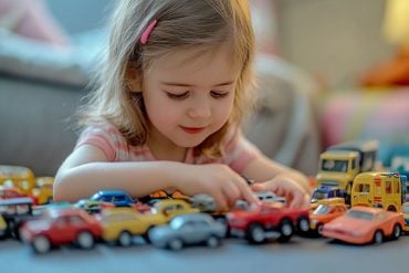 This shows a little girl playing with cars.