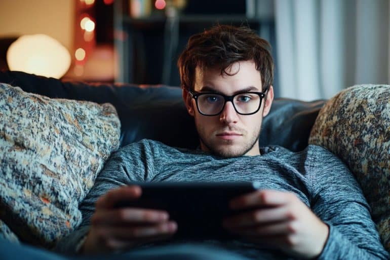 This shows a man using a cell phone.