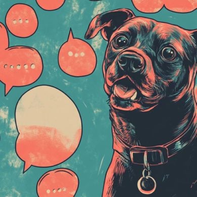 This shows a dog and speech bubbles.