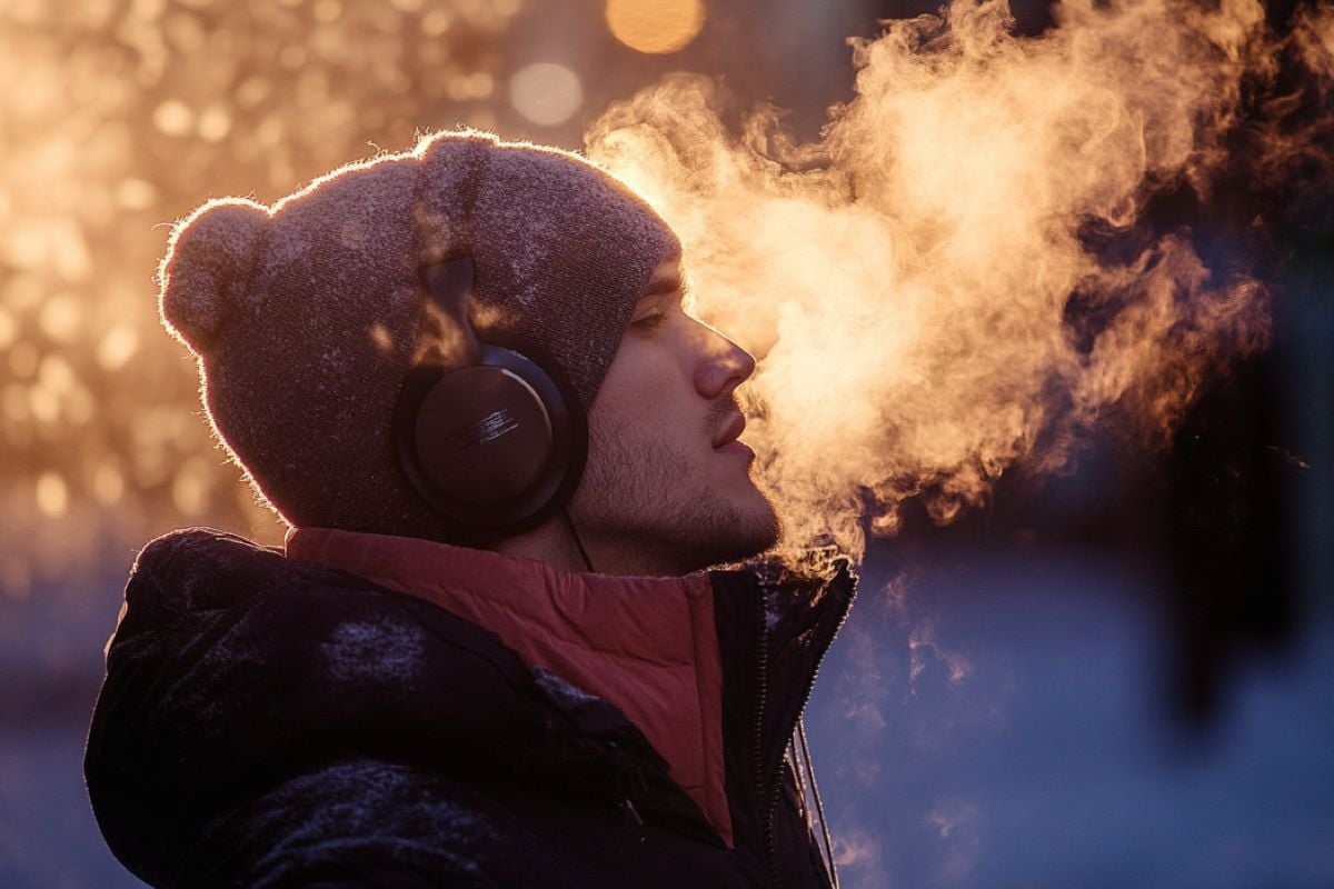 This shows a man wearing headphones on a cold day.