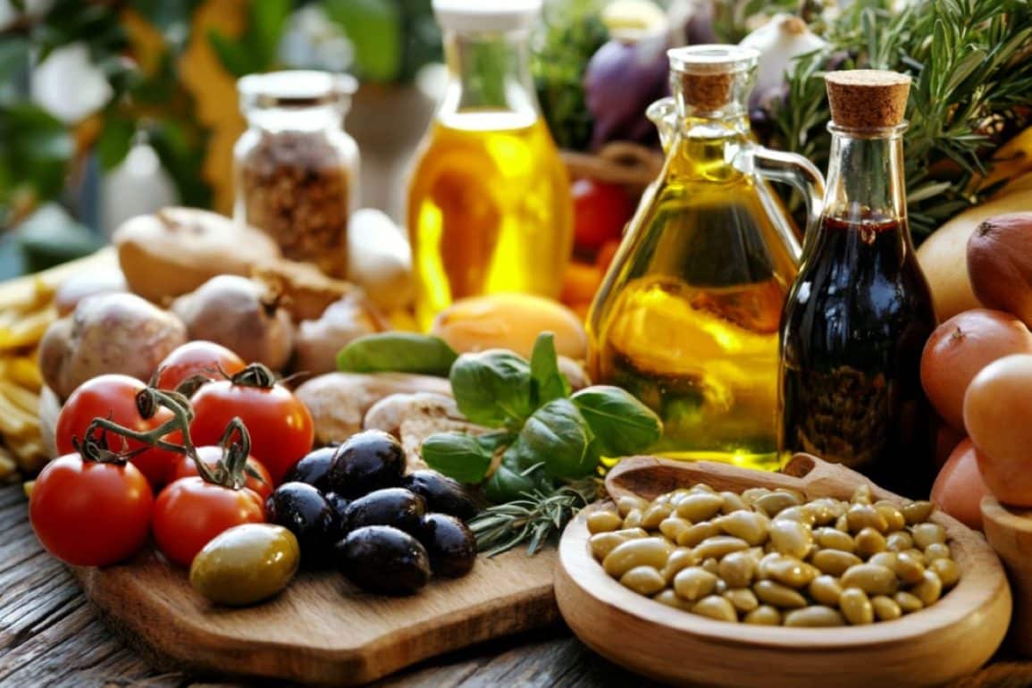 This shows foods and olive oil.