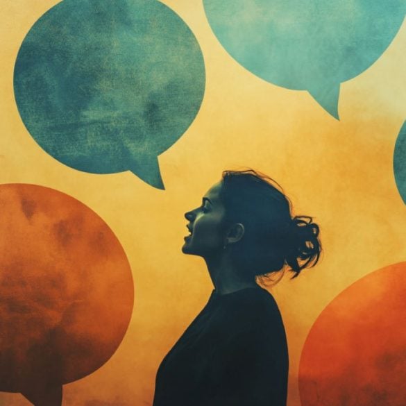 This shows a woman surrounded by speech bubbles.