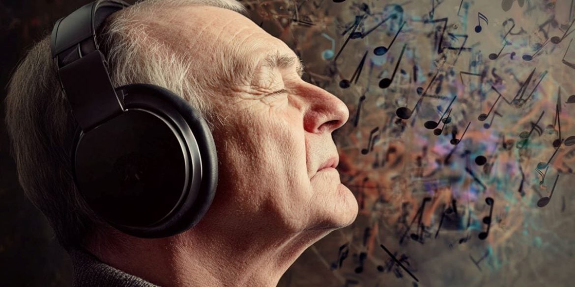 This shows an older man with headphones, surrounded by musical notes.