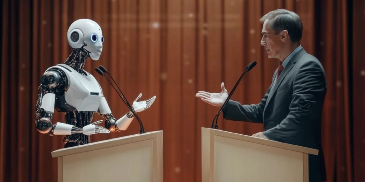 This shows a man debating an AI robot.