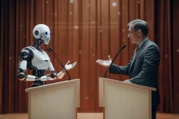 This shows a man debating an AI robot.