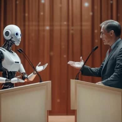 This shows a man debating an AI robot.