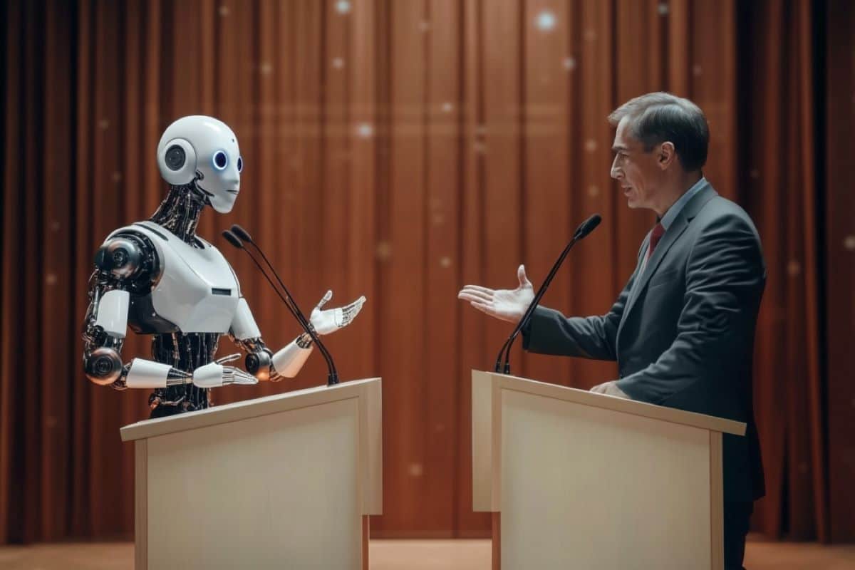 This shows a man debating an AI robot.