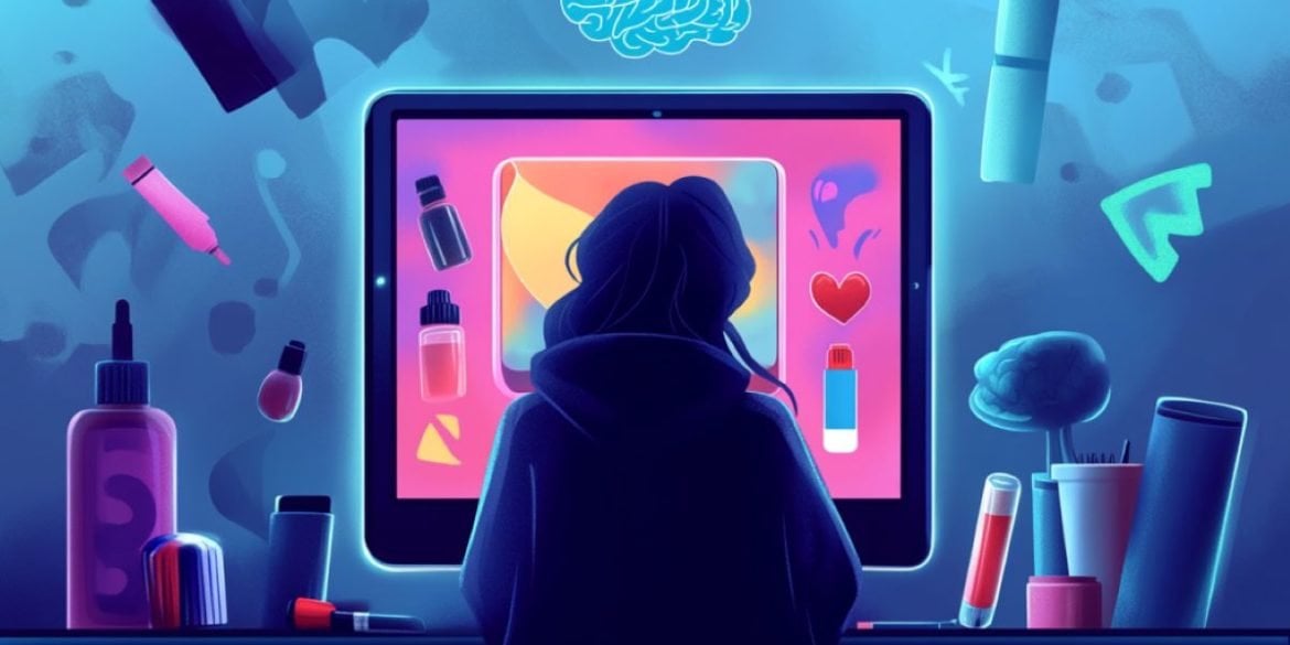 This shows a cartoon of a girl looking at a computer monitor surrounded by nail polish.