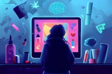 This shows a cartoon of a girl looking at a computer monitor surrounded by nail polish.