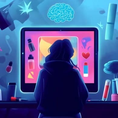 This shows a cartoon of a girl looking at a computer monitor surrounded by nail polish.