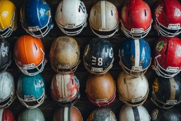 This shows old football helmets.