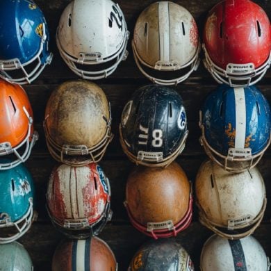 This shows old football helmets.