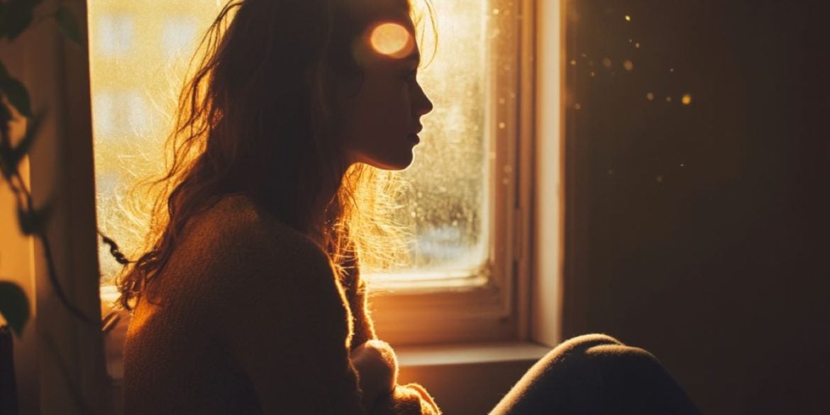 This shows a depressed woman sitting in a room with sunlight coming through the window.