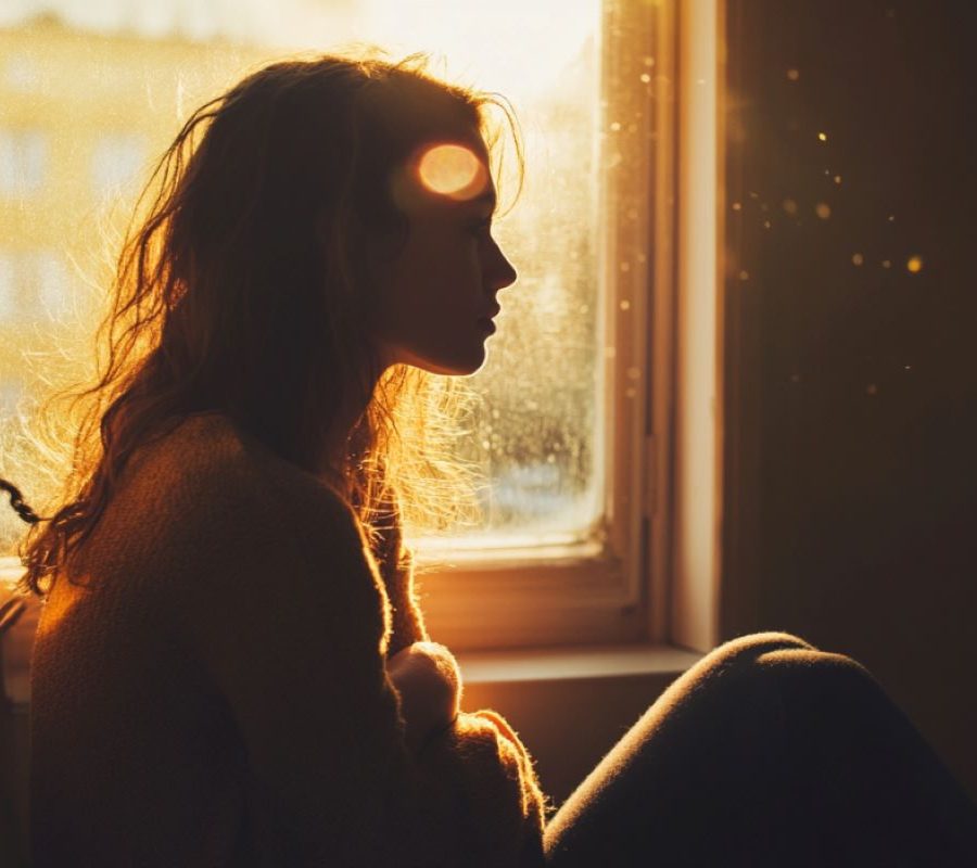 This shows a depressed woman sitting in a room with sunlight coming through the window.