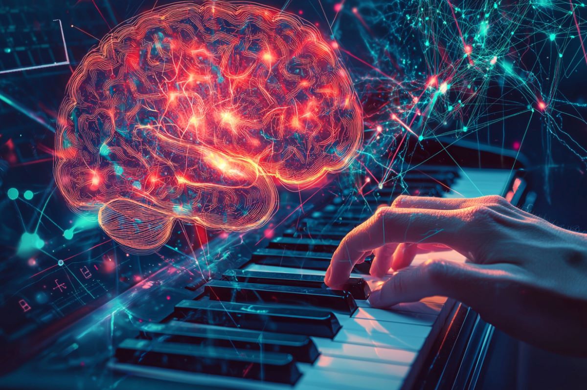 This shows a brain and a person playing piano.