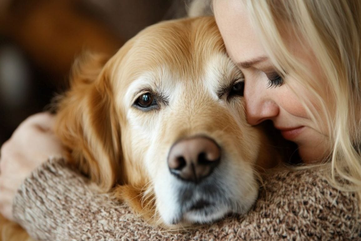 This shows a woman and a dog.