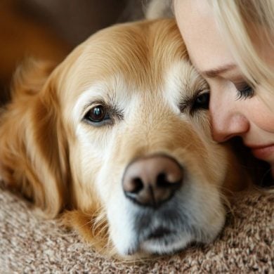 This shows a woman and a dog.