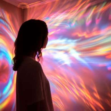 This shows a woman in a room of lights.