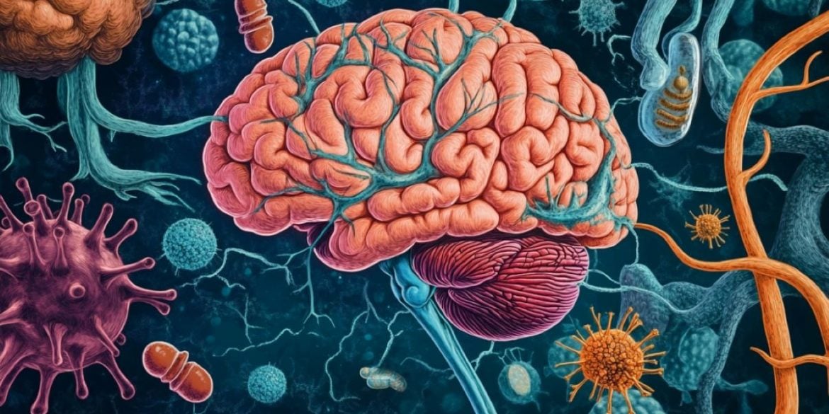 This shows a brain and microbes.