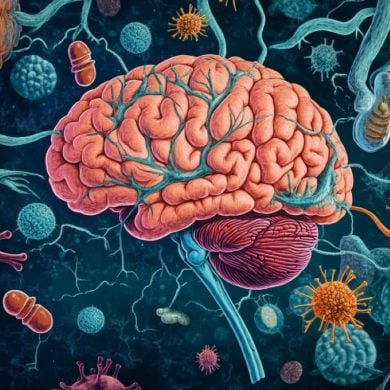 This shows a brain and microbes.