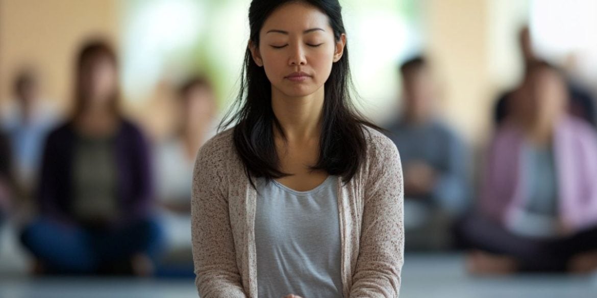 This shows a woman meditating.