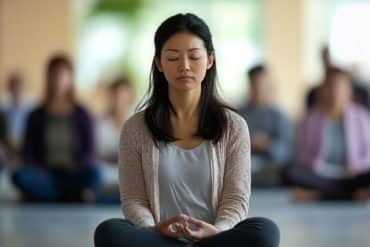 This shows a woman meditating.