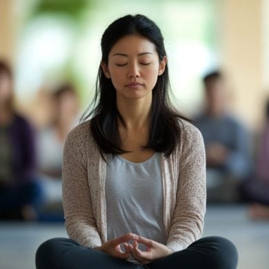 This shows a woman meditating.