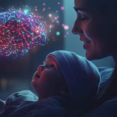 This shows a brain, a mom and a baby.