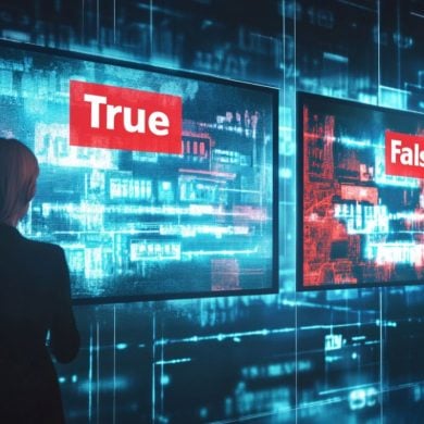 This shows people looking at screens with True and False written on them.