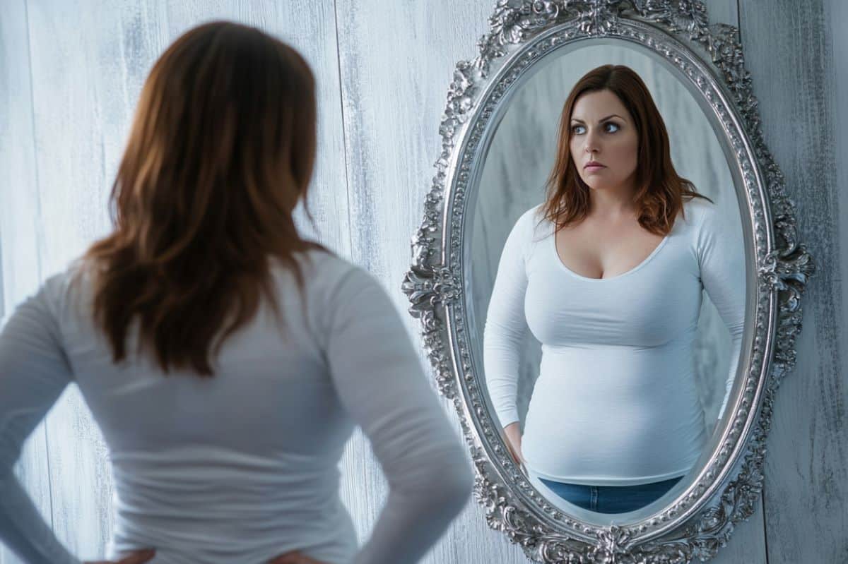 This shows a woman looking in a mirror.