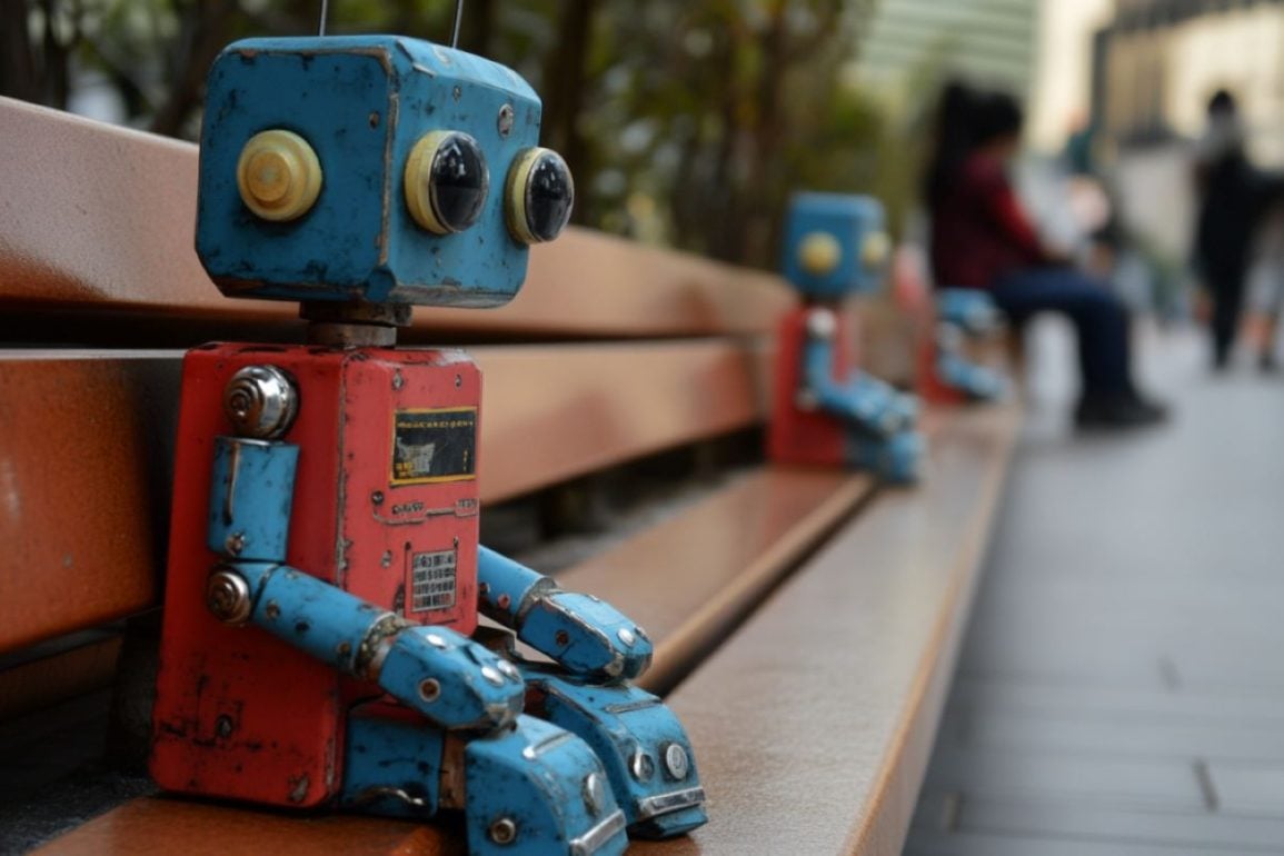 This shows a robot on a park bench.