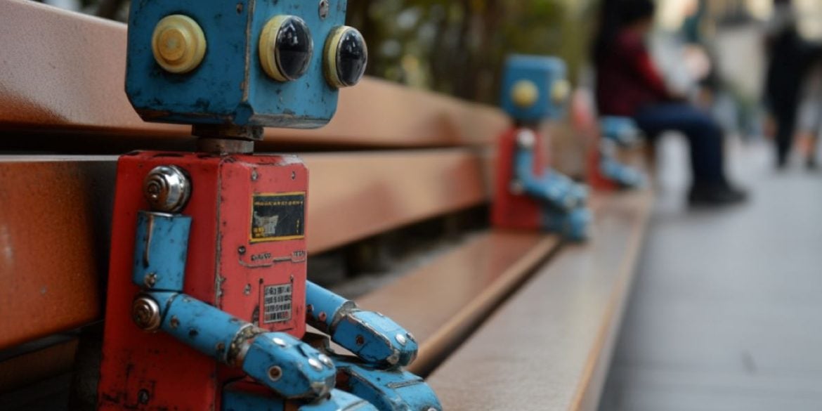 This shows a robot on a park bench.