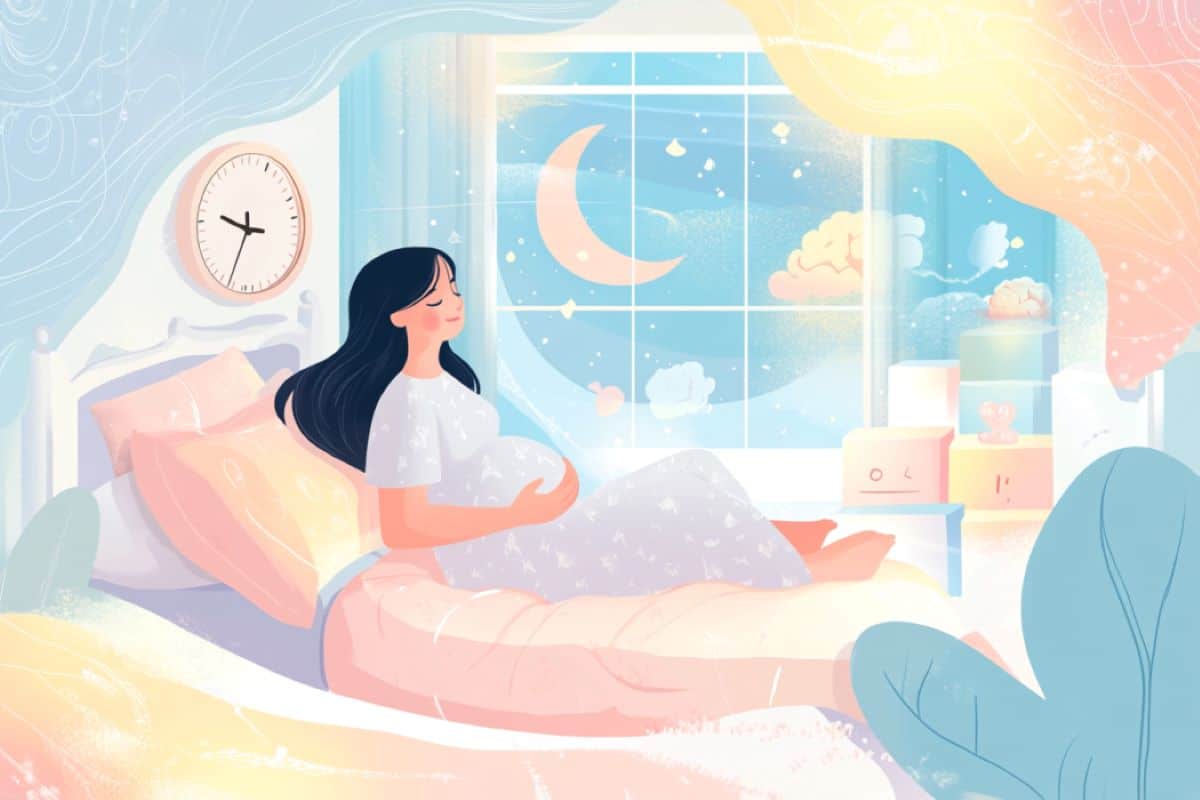 This shows a cartoon of a pregnant woman resting in bed.