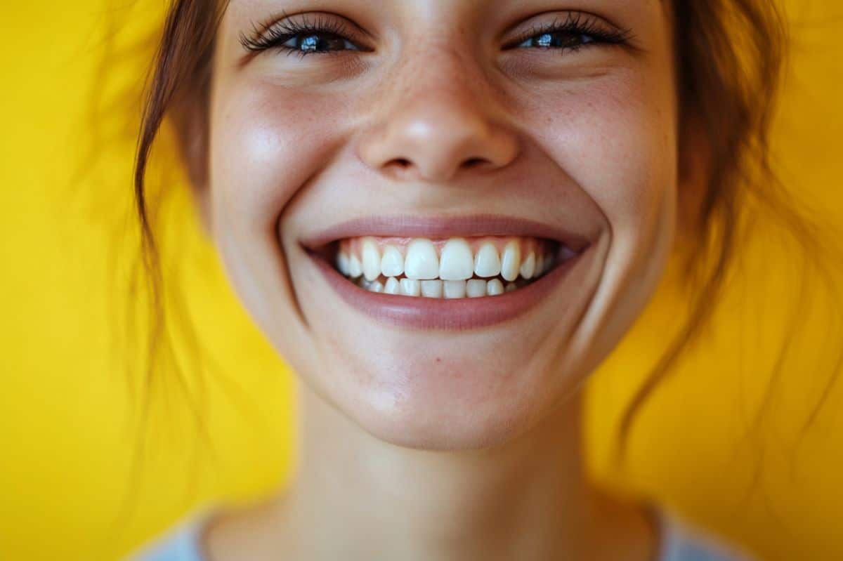 This shows a woman smiling.