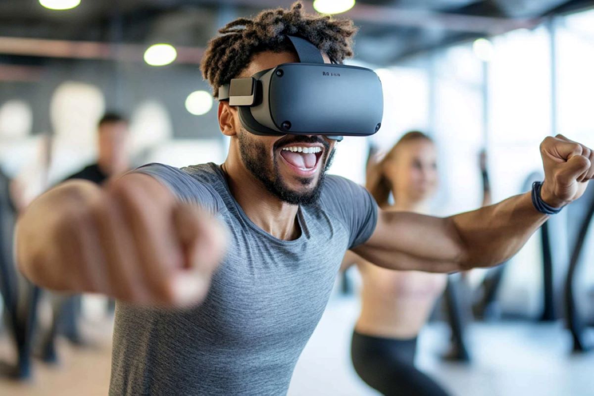 This shows a man exercising with a VR headset on.